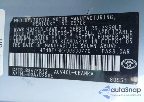 2009 Toyota Camry Le z USA, uszkodzony, nr VIN 4T1BE46K79U830776